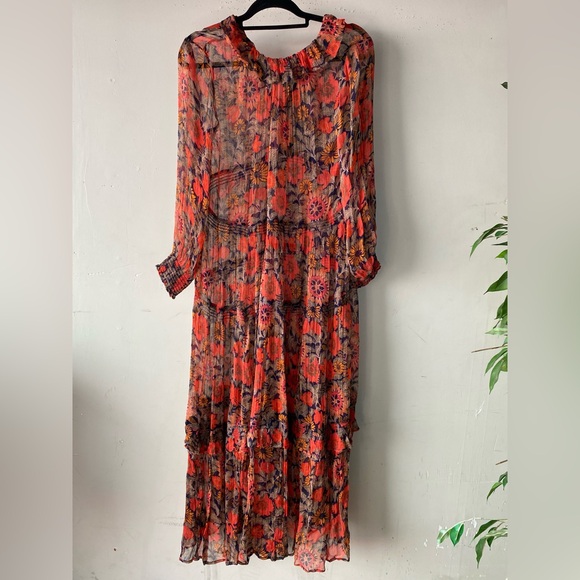 Anthropologie The Marais Red Floral Chiffon Maxi Dress XSP Boho Tiered - Picture 6 of 15